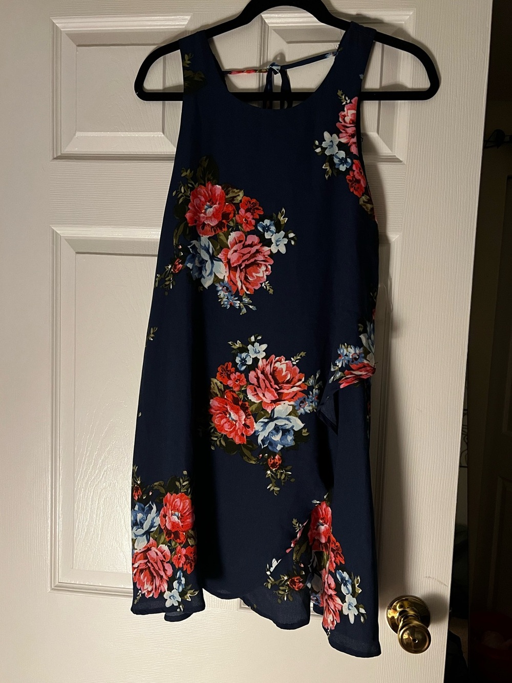 Teeze Me Navy Floral High-Low Dress with Red & Pink Blooms